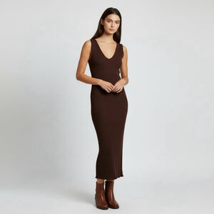 House of Harlow 1960 Chocolate Brown Ribbed Knit Sweater Midi Dress Size Large